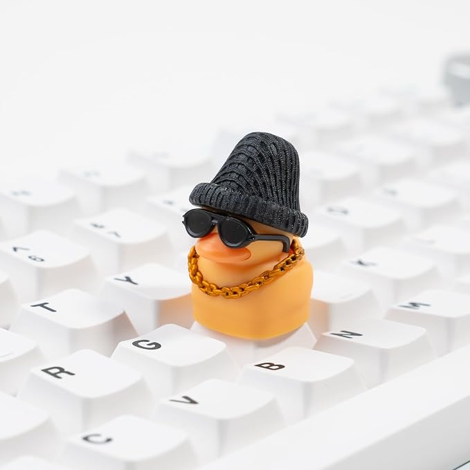 1U Handmade Resin Yellow Rap Duck Keycap - Cute Duck with Sunglasses Gold Necklace Knitted Hat, Compatible with MX Switch Mechanical Keyboards