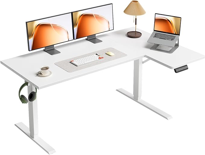 OffiGo Electric L Shaped Standing Desk, 55 Inches Height Adjustable Table, Reversible Corner Stand Up Desk, Lifting Computer Table for Home Office, Computer Workstation, White