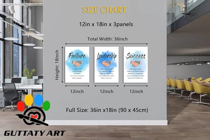 Inspirational Wall Art, Office Pictures for Wall Decor, Motivational Quotes Canvas Wall Art for Men, Failure - Leadership - Success Entrepreneur Quotes Framed Artwork for Workplace Decor 12”x18”x3Pcs