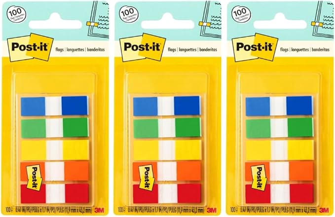 Post-it Flags in Portable Dispenser, 100 Flags/Pack, .47 in x 1.7 in, 20 Each of Red, Bright Orange, Yellow, Green, and Blue (683-5CF) - 3 Pack