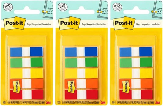 Post-it Flags in Portable Dispenser, 100 Flags/Pack, .47 in x 1.7 in, 20 Each of Red, Bright Orange, Yellow, Green, and Blue (683-5CF) - 3 Pack