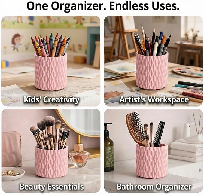 Pink Pen Holder for Desk, 360° Rotating Pencil Organizer, 5 Slots | Spinning multi-use organizer holds pens, makeup brushes, art supplies & markers — desk caddy for office, classroom or vanity