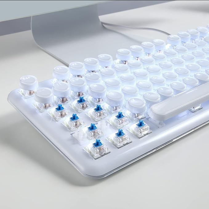 Gaming Keyboard with Retro Punk Typewriter Style. Blue Switch, Stylish White Backlight and White Mechanical Keyboard, Wired USB-A. for Game and Work.