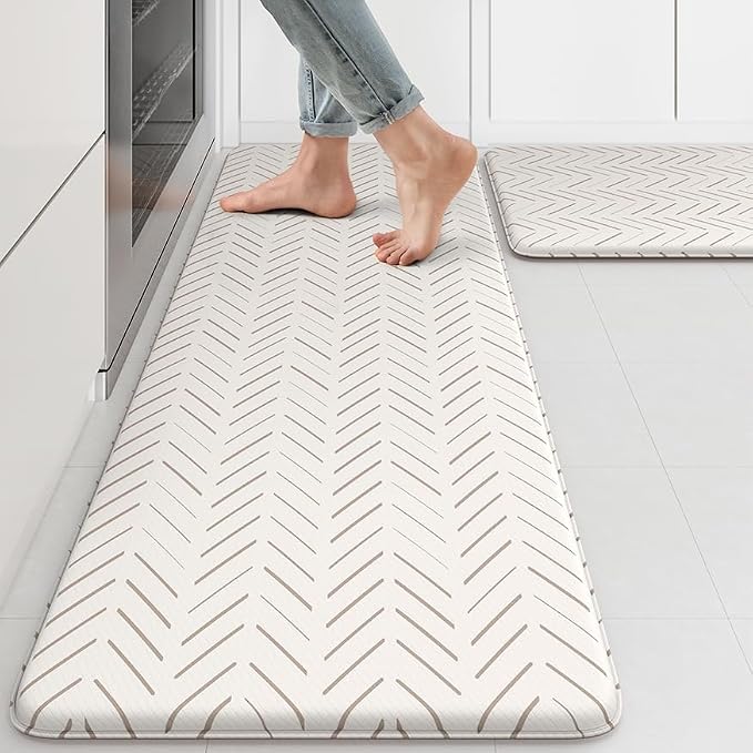 KIMODE Anti Fatigue Kitchen Mat, Boho Kitchen Rugs Sets of 2, Cushioned Kitchen Floor Mats Non Slip, Waterproof Comfort Foam Standing Desk Mat for Laundry, Office, Sink, Light Brown/Beige