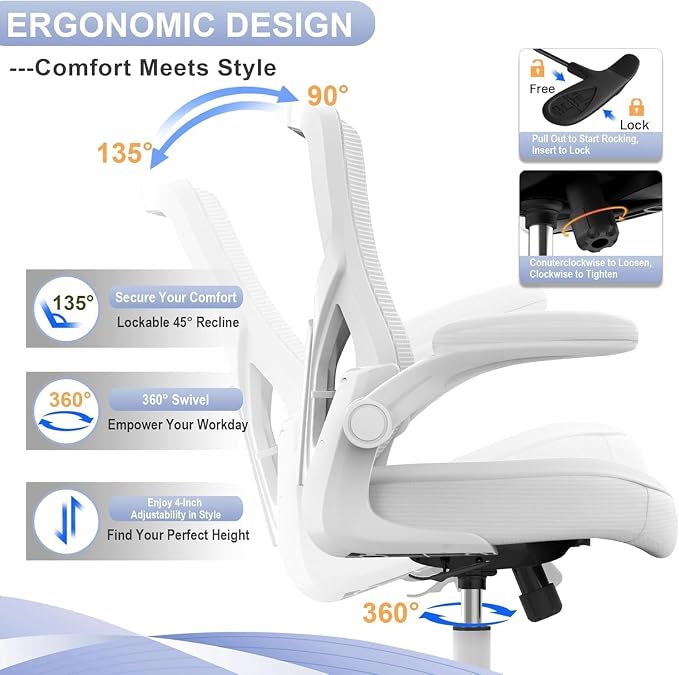 Office Chair for Long Hours & Lower Back Pain Relief – 4" Thick Molded Foam Cushion, Padded Lumbar Support and Flip-up Armrests, Ideal for Office or Study (Modern, White)