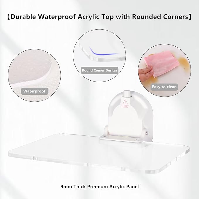 No-Drill Wall Mounted Folding Table 15.75" L x 11.02" W | 15.75" L x 13.39" W Install Size, Strong Vacuum Suction Cup, Waterproof Acrylic Surface for Bathroom, Laundry, Office, RV & Travel