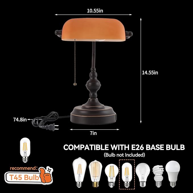 Bankers Desk Lamp with USB A and Type C Charging Port, Vintage Banker's Desk Lamp with Pull Chain Switch, Library Lamp for Office Study Room, Amber Glass Bronze Desk Lamps