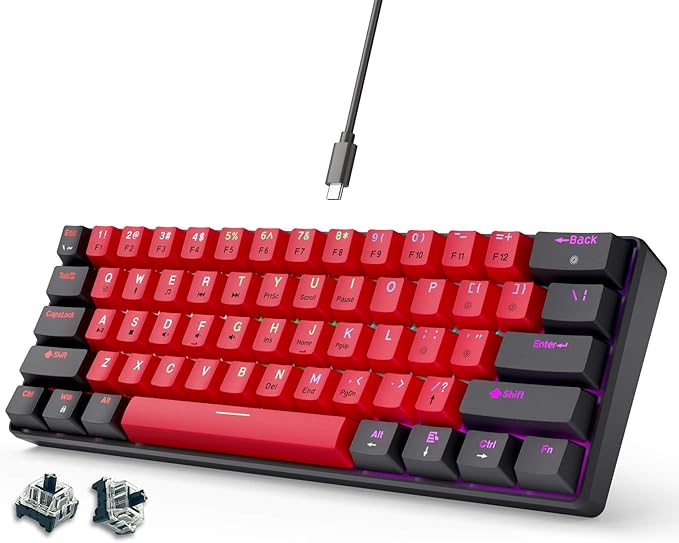 abucow 60% Mechanical Gaming Keyboard Black Switch Wired Compact Keyboard Anti-Ghosting No-Conflict 61 Swappable keycaps Ergonomic Design for Windows/Mac (Black-Red)