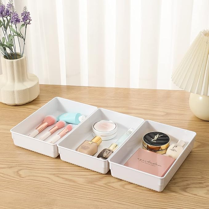 3 Pack White Plastic Drawer Organizer Tray Cutlery Utensil Makeups Drawer Organizers 9" X 6"