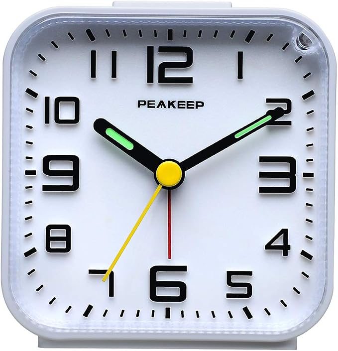 Peakeep 3D Numbers No Tick-Tock Analog Alarm Clock Classic Beep Sound | Snooze, Manual Light and Battery Powered Small for Travel (White-3D)