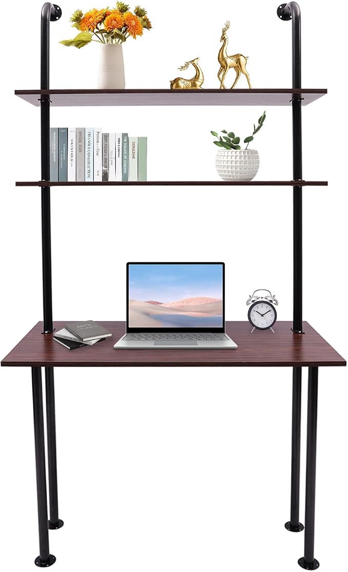 Industrial Wall Mount Desk with Shelves, 3-Shelf Ladder Desk, Computer Writing Table for Small Spaces, Black and Brown Modern Narrow Floating Table with Storage (13" Dx39.4 Wx79 H)