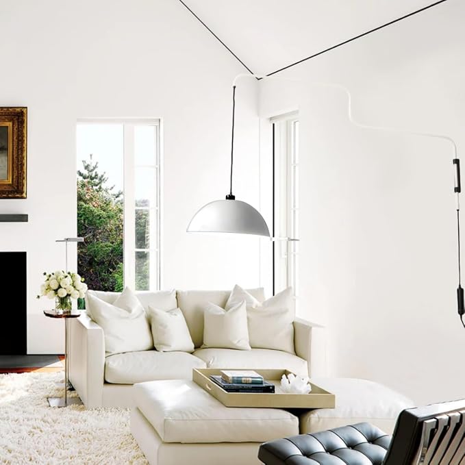Modern Plug in Wall Sconce Dome Shade Mid Century Swing Arm Wall Lamp Wall Mounted Long Arm Light White Bedside Reading Wall Light for Bedroom Dining Room
