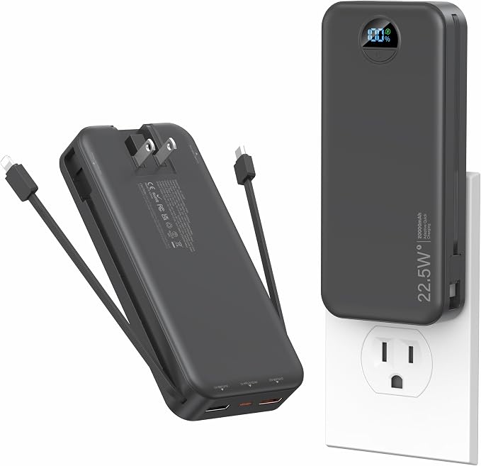 Ffnpua Portable Charger with Wall Plug, 20000mAh USB C Fast Charging Power Bank, External Battery Pack with Built in Cables, Digital Display, 5 Output 2 Input for iPhone Android Cell Phone Tablet