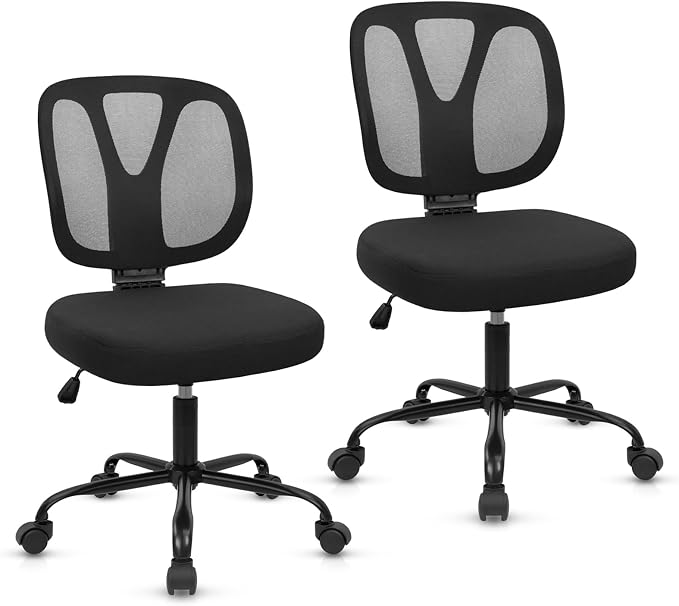 CLATINA Armless Home Office Chair, Adjustable Height Backrest Ergonomic Mesh Desk Chair with Wheels, 360° Swivel Small Computer Task Chair for Home Office, Study, Meeting Room, Black(2 Pack)