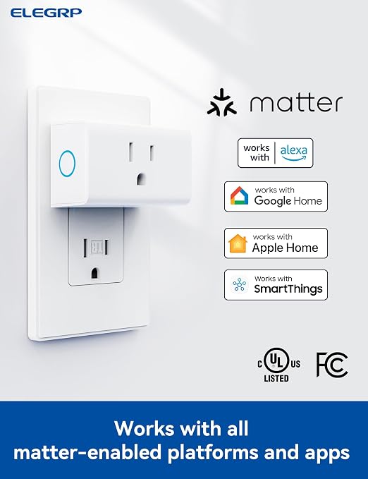 ELEGRP Matter Supported Mini Smart Plug, Smart Outlet 15A/1800W Max, Compatible with Apple Home, Siri, Alexa, Google Home, SmartThings, Compact Design, UL Certified, 2.4G Wi-Fi Only, White, 2 Pack