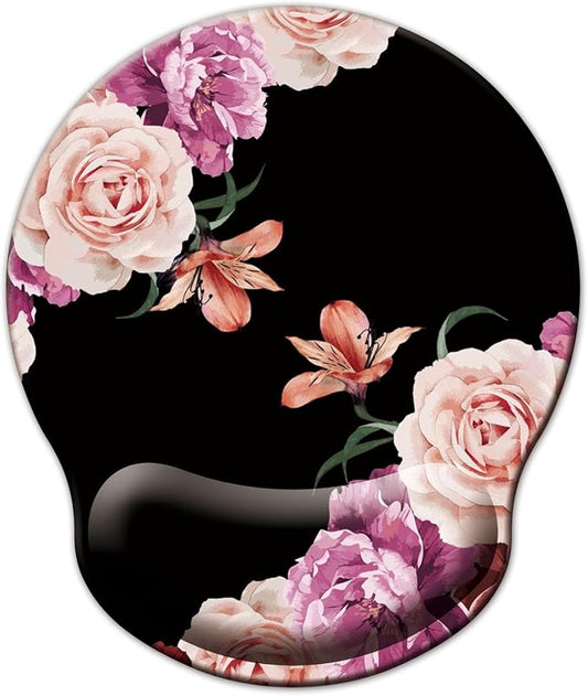 Mouse Pad with Wrist Support, Ergonomic Mouse Pad with Memory Foam Wrist Rest Cushion, Non-Slip Rubber Base Gaming Mice Pad for Home Office Computer Laptop, Flowers Pink