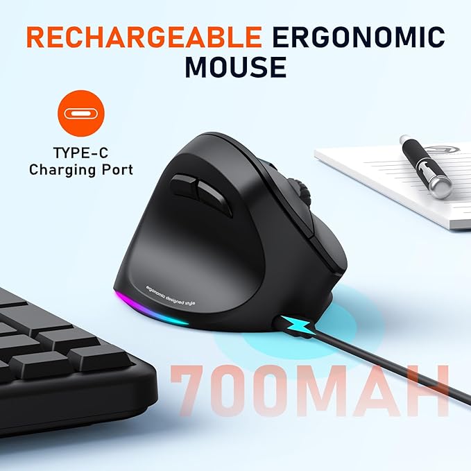 MEETION Left-Handed Ergonomic Mouse, Wireless Vertical RGB Rechargeable Mouse, Bluetooth(5.2 + 3.0) & USB, 4 Adjustable DPI Mice for Mac/Windows/PC/Tablet/iPad Black