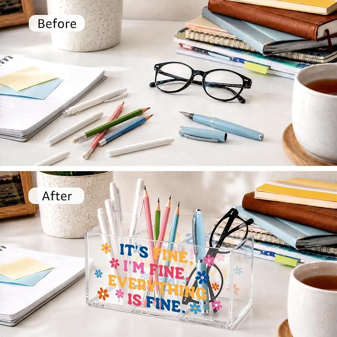 3 Compartment Acrylic Makeup Organizer & Pen Holder, Funny Positive Quote “It’s Fine, I’m Fine, Everything Is Fine”, Cosmetic Storage Box for Lipstick Brushes, Desk Organizer for Office School