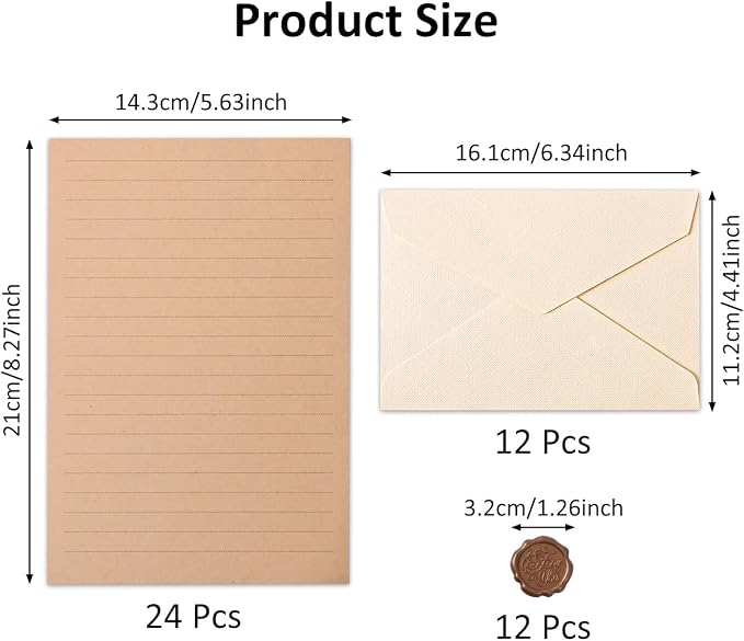 48 Pieces Stationery Set with Envelopes (24 Kraft Paper Sheets + 12 Linen Texture Envelopes+12 Wax Seal Stickers), Stationery Letter Writing Paper Set for Love Letters and Party Invitations (White)