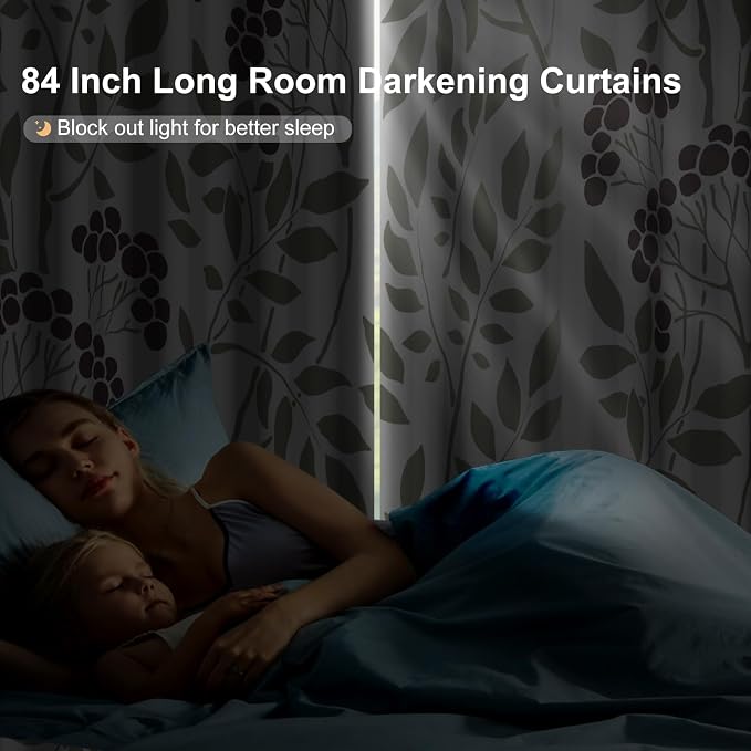 Blackout Curtains for Bedroom and Living Room, Farmhouse Thermal Insulated Room Darkening Drapes Soundproof Privacy Bedroom Curtains 2 Panel Sets, Leaves Print Black Out Curtains 84 Inch Long