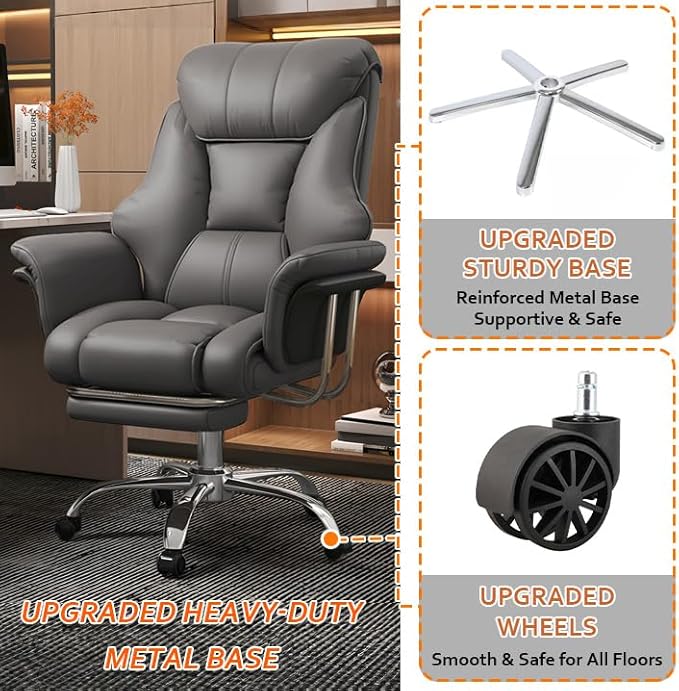 Big and Tall Office Chair Wide Seat Ergonomic Leather Executive Desk Chair with Leg Rest, Heavy-Duty 550 lbs Adjustable Height Computer Gaming Chairs