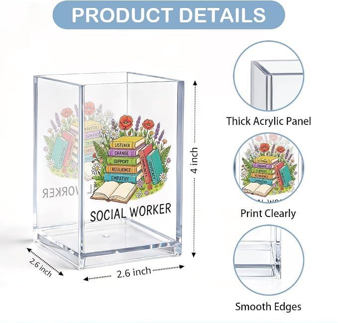 Social Worker Acrylic Cosmetic Pencil Pen Holder, Funny Pen Organizer for Desk, Social Work Month Office Desk Accessories, Appreciation Gifts for MSW LCSW School Counselor Therapist Teacher