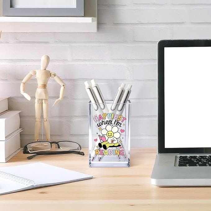 Happiest When I'm Reading Acrylic Cosmetic Pencil Pen Holder Cup, Boho Bookish Desk Organizer Accessories, Bookworm Gifts, Book Lover Gifts for Women Girl Book Club Member Daughter Student