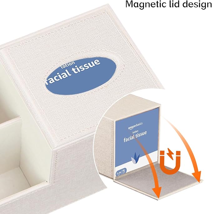 Square Tissue Box Cover with Storage, PU Leather Facial Cube Tissue Holder | TV Remote Control Holder, Desk Accessories Nightstand Organizer, Modern Table Caddy for Bathroom, Bedroom, Home, Office Decor
