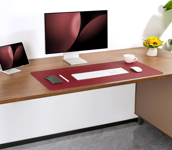 Dual Sided Desk Pad Faux Leather Desk Mat Large Mouse Pad | Desk Pad Protector Non-Slip Waterproof Desk Mouse Pad for Writing Desk, Office, Home(Red Black 31.5"X15.7")
