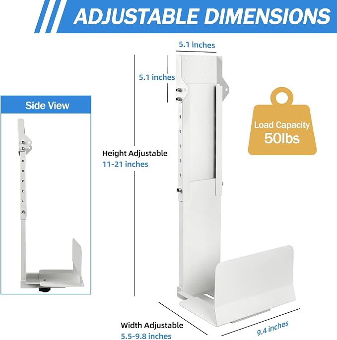 TooCust Heavy Duty Under Desk PC Mount & Full Tower PC Wall Mount - Adjustable Width 5.5" to 9.8", Height 11"-21" - Computer Tower Stand Under Desk & Standing Desk PC Mount, White