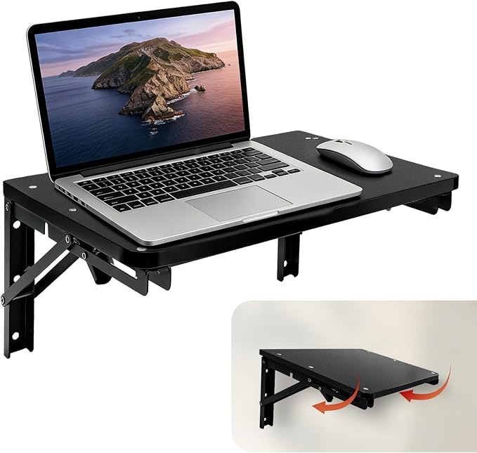 Wooden Folding Shelf Wall Mounted for Small Space, Wall Table for Living Room Bedroom Decor, Home Office Floating Fold Down Desk, Media Shelves with Heavy-Duty Brackets Holds Up to 55lbs Black