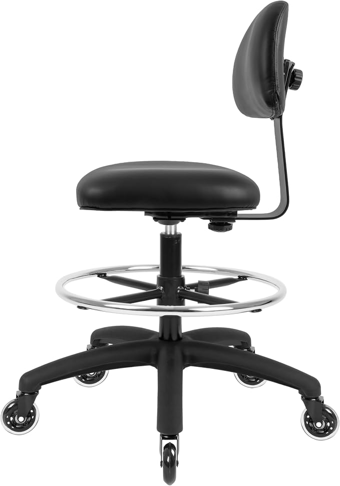 FSS Series Square seat Tall (25"-35") seat Height Chair. Vinyl-for Office, Garage, Desk, Shop, Computer, Doctor, Medical, Easy to Clean! 18" Footring (Black, Tall, Rubber Roller Casters)
