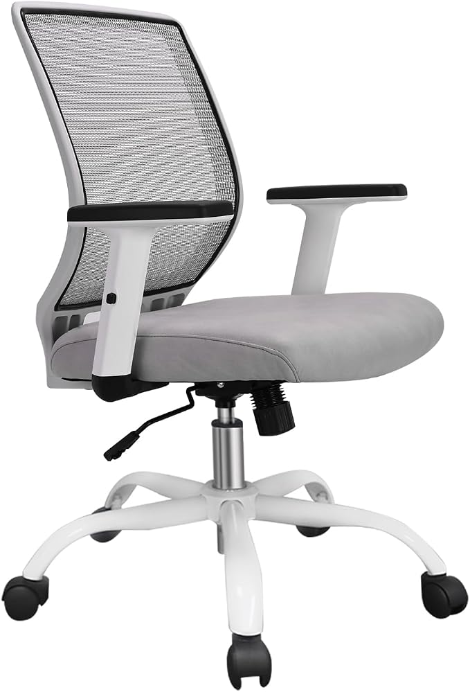 Ergonomic Office Chair Home Mesh Desk Chair with Adjustable Arms - Mid Back Computer Chairs for Adults - Swivel Task Chair Comfortable for Home Office (White &Grey)