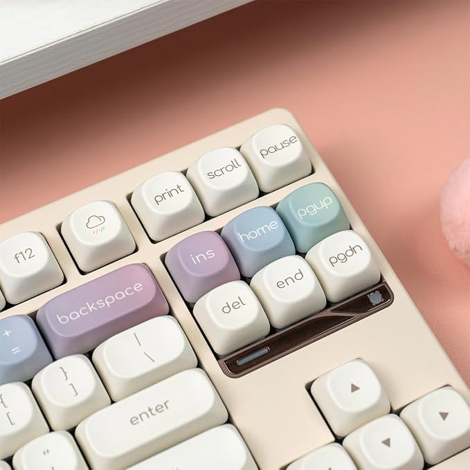 MOA Profile Keycaps, Rainbow PBT Keycap, Minimalist White Cute Round Keyboard Keycap, Dye-Sublimation Colorful Custom Key Cap for 61/64/68/84/87/100/104/108 Cherry MX Mechanical Keyboards(124 Keys)