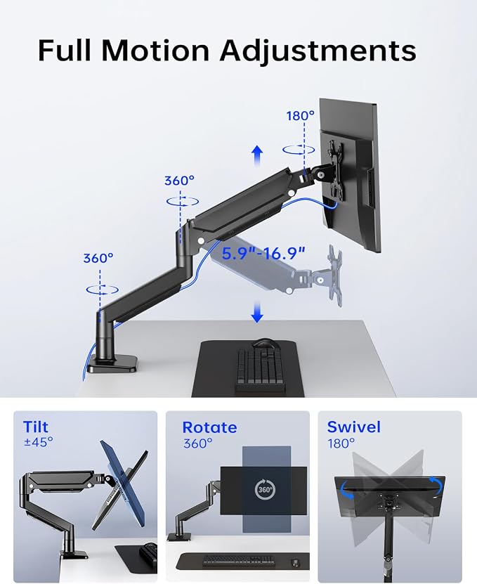 Single Gas Spring Monitor Arm for 13-32 Inch Monitors, Desk Mount | Supports 19.8 lbs | Smooth Gas Spring | Full Motion | C-Clamp & Grommet | Cable Management | VESA 75×75/100×100 mm