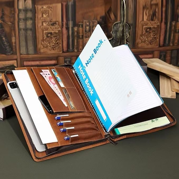 Zippered Padfolio Organizer, Leather Planner Binder, 12.9 Inch Portfolio Folder for Documents, Letter Size Business Card Tablet Document Holder for Men&Women, Brown