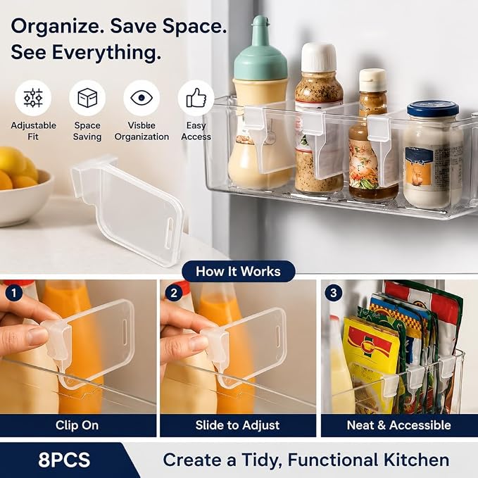 Clear Fridge Door Organizer Clips, 8pcs Adjustable Refrigerator Side Door Divider Set, Thickened Transparent Shelf Separators for Condiments, Bottles, Jars, Space Saving Kitchen Storage