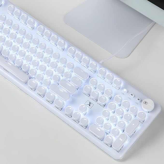Gaming Keyboard with Retro Punk Typewriter Style. Blue Switch, Stylish White Backlight and White Mechanical Keyboard, Wired USB-A. for Game and Work.