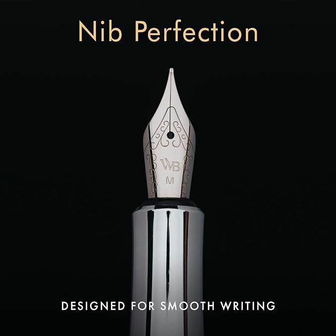 Wordsworth and Black Fountain Pen Mini EDC: Luxury Black Heavy Pocket Pen, Chrome Finish, Medium Nib, 6 Ink Cartridges, Ink Converter, Travel Refillable Writing Pen Gift Set, Men & Women