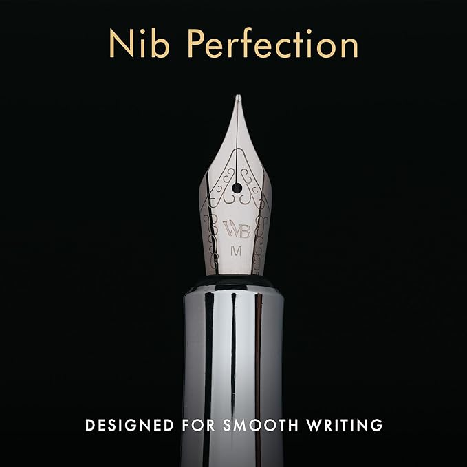 Wordsworth and Black Fountain Pen Mini EDC: Luxury Silver Heavy Pocket Pen, Chrome Finish, Medium Nib, 6 Ink Cartridges, Ink Converter, Travel Refillable Writing Pen Gift Set, Men & Women