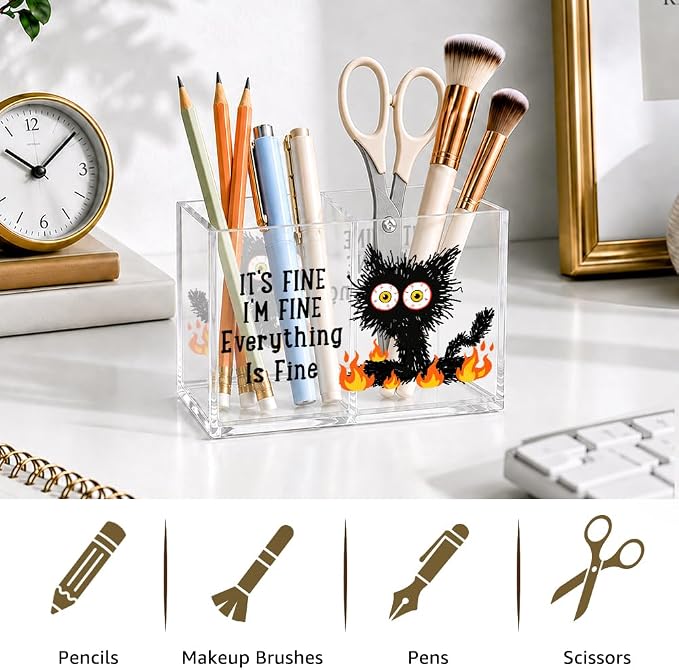 It's Fine I'm Fine Acrylic Cosmetic Organizer Pen Holder, Black Cat Pen Organizer 2 Compartments, Humor Office Desk Accessories for Storage, Sarcastic Office Gifts for Coworker Staff Mentor