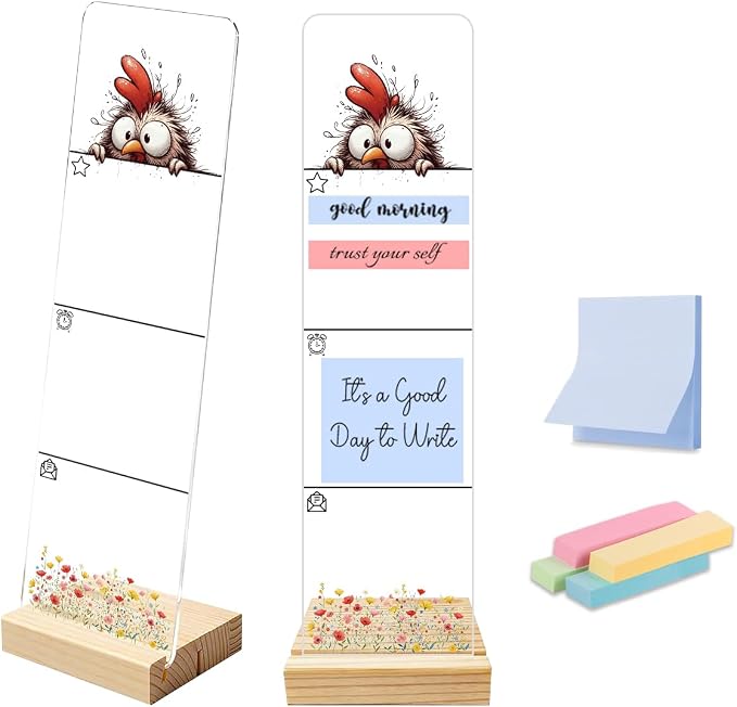 Sticky Note Holder, Monitor Memo Board, Acrylic Post It Note Holder with Wooden Base, Includes 200 Notes, Desk Organizer for Office, Cute Rooster Design