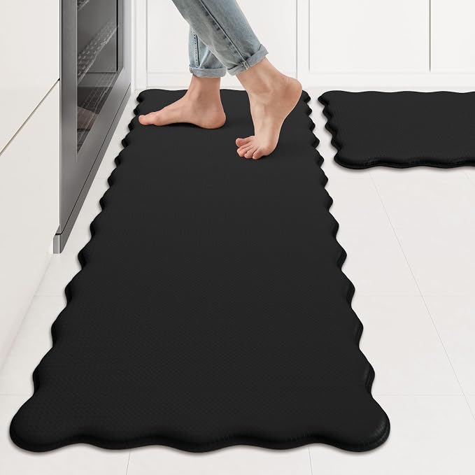 KIMODE Scalloped Kitchen Mats for Floor Cushioned Anti Fatigue Black Wavy | Paded Kitchen Floor Mat Non Slip,Farmhouse Kitchen Rugs Sink Sets of 2 Comfort Memory Foam Carpet for Office Laundry Dorm RV