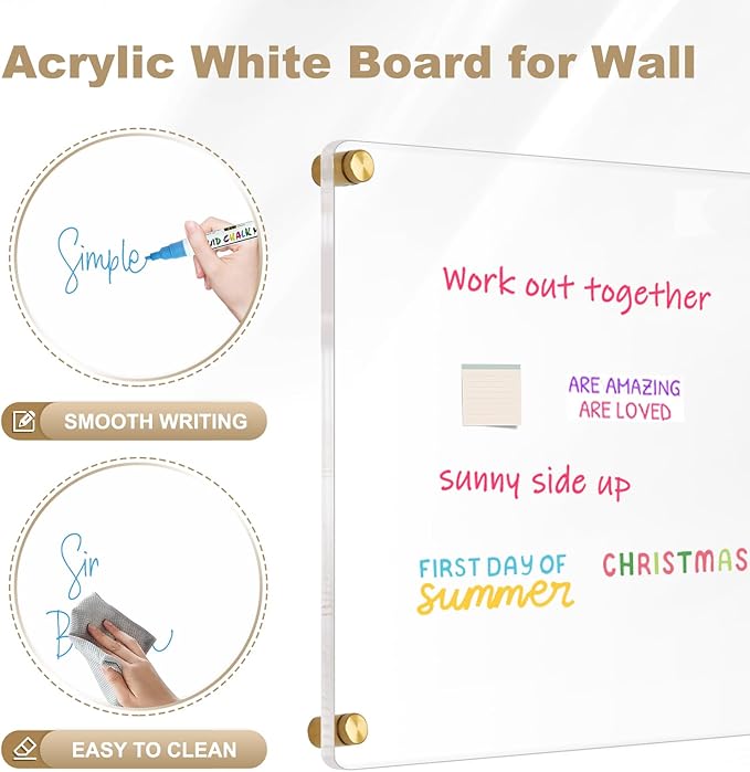 Large Clear Acrylic Dry Erase Board, 24" X 16" Golden Non-Magnetic Frameless Clear White Board for Wall, Erasable Acrylic Board for Wall, Home, Office, School, 2 Markers