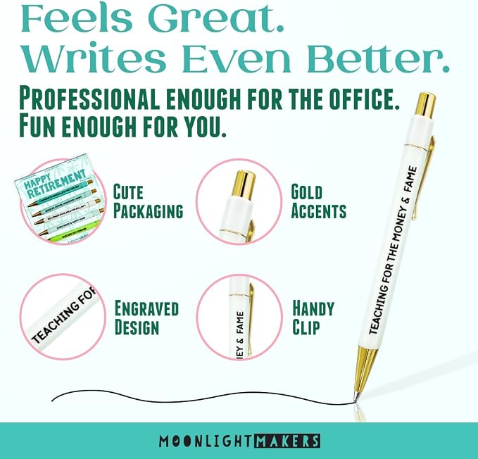 Moonlight Makers - Set of 5 Ballpoint Pens Black Ink- Engraved Funny Pens for Adults - Happy Retirement Appreciation Adult Gifts - Ideal Desk Decor for Work & Office Desk - Cute Packaging, Handy Clips