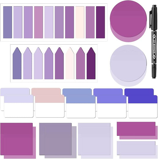 Glenmal Transparent Sticky Note Set 910 Sheets Translucent Clear Self-Adhesive Sticky Notes Bulk Gradient Color Waterproof for Bible Tabs Book Tabs Office Study Supplies Book Annotation(Purple)