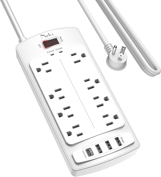 Surge Protector Power Strip - Nuetsa Flat Plug Extension Cord with 8 Outlets and 4 USB Ports, 10 Feet Power Cord, 2700 Joules, ETL Listed, White