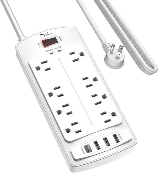Surge Protector Power Strip - Nuetsa Flat Plug Extension Cord with 8 Outlets and 4 USB Ports, 10 Feet Power Cord, 2700 Joules, ETL Listed, White