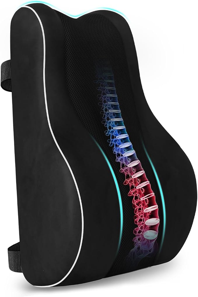 CloudBliss Lumbar Support Pillow, Memory Foam for Office, Standard, Black | Ergonomic High-Density Memory Foam, Adjustable Straps, Washable Mesh Cover, Lower Back Support for Office, Gaming & Car Seat
