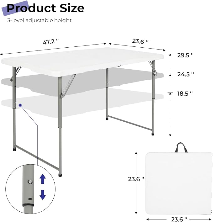 Byliable Folding Table 4 Foot Portable Heavy Duty Plastic Fold-in-Half Utility Table Small Indoor Outdoor Adjustable Height Folding with Carrying Handle, Camping and Party,White